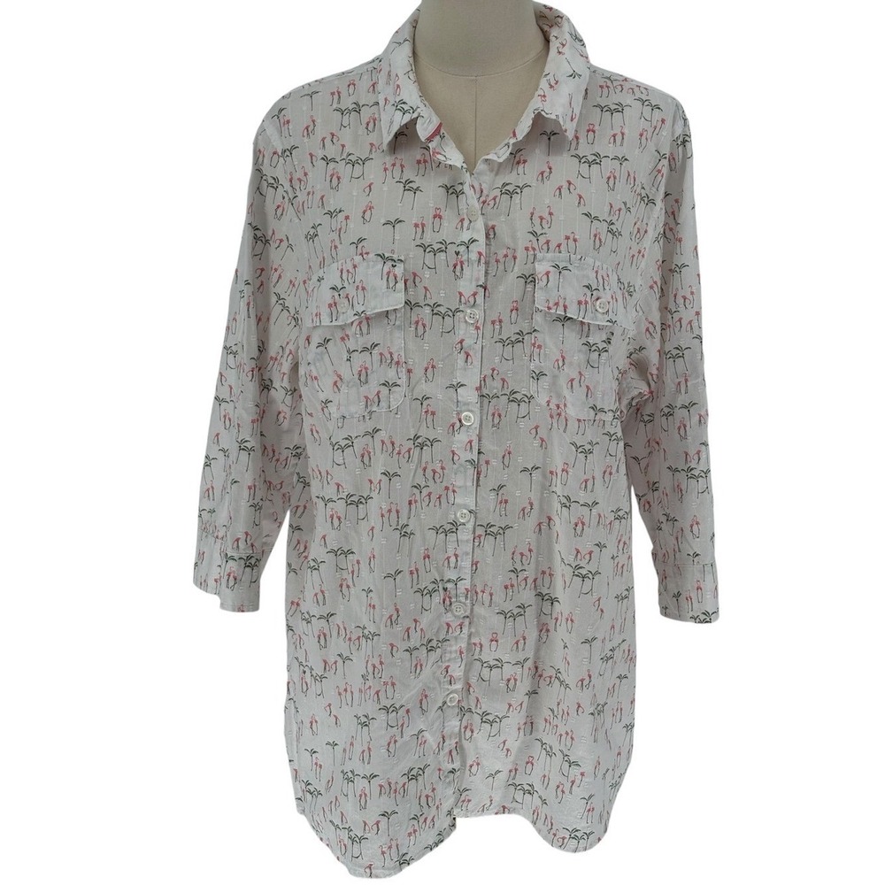 Croft & Barrow Button‎ Down White Flamingo Palm Tree 100% Cotton Shirt